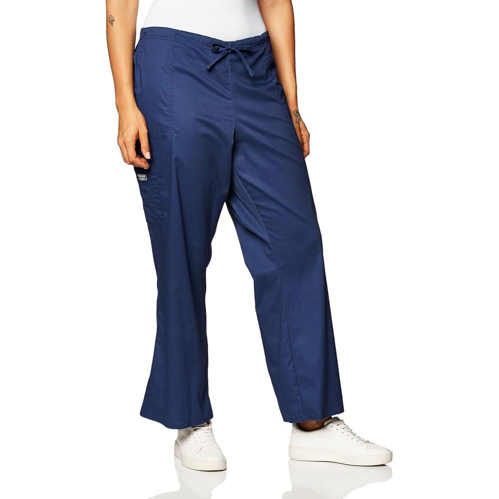 imageCherokee Scrub Pants for Women Mid Rise Flare Leg Drawstring Cargo Medical Uniform 4 Pocket Durable Easy Care Stretch 4044Navy