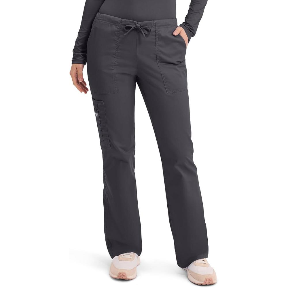 imageCherokee Scrub Pants for Women Mid Rise Flare Leg Drawstring Cargo Medical Uniform 4 Pocket Durable Easy Care Stretch 4044Pewter