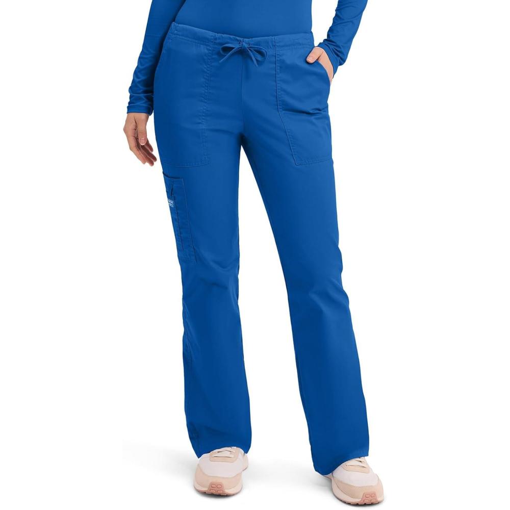 imageCherokee Scrub Pants for Women Mid Rise Flare Leg Drawstring Cargo Medical Uniform 4 Pocket Durable Easy Care Stretch 4044Royal