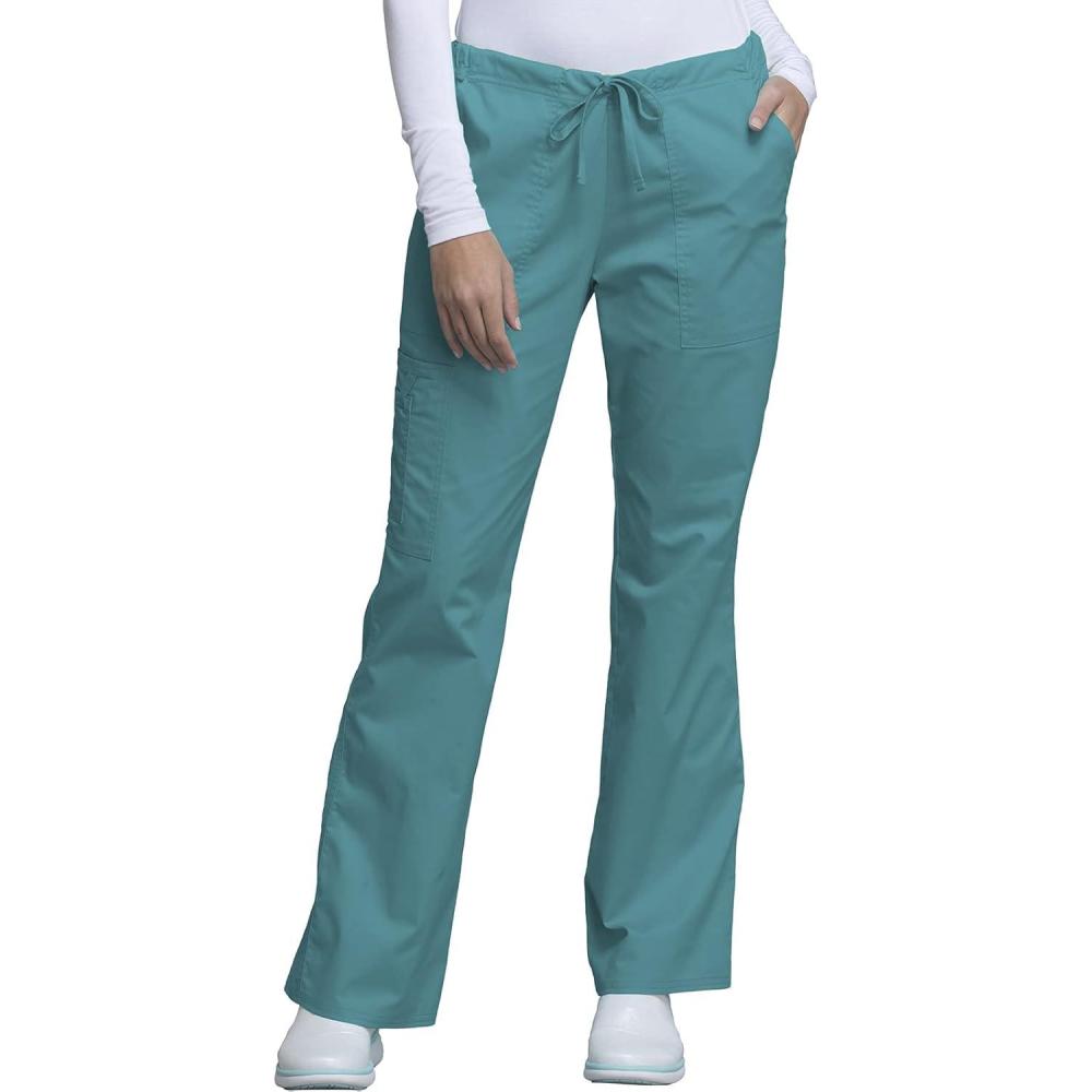 imageCherokee Scrub Pants for Women Mid Rise Flare Leg Drawstring Cargo Medical Uniform 4 Pocket Durable Easy Care Stretch 4044Teal Blue