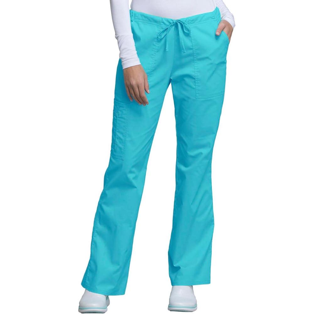 imageCherokee Scrub Pants for Women Mid Rise Flare Leg Drawstring Cargo Medical Uniform 4 Pocket Durable Easy Care Stretch 4044Turquoise