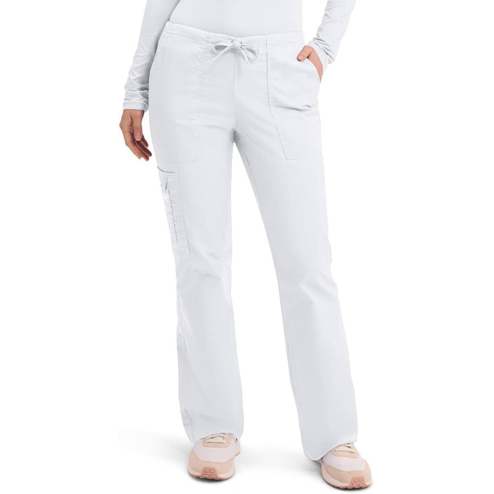 imageCherokee Scrub Pants for Women Mid Rise Flare Leg Drawstring Cargo Medical Uniform 4 Pocket Durable Easy Care Stretch 4044White