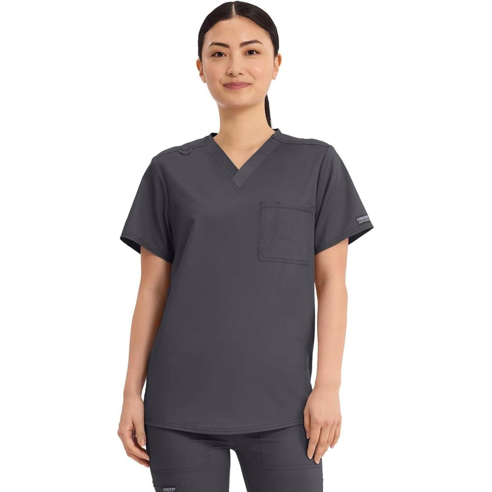 imageCherokee Scrub Top for Women amp Men VNeck Tuckable Medical Shirt with 1 Chest Pocket amp ID Loop WW625Pewter
