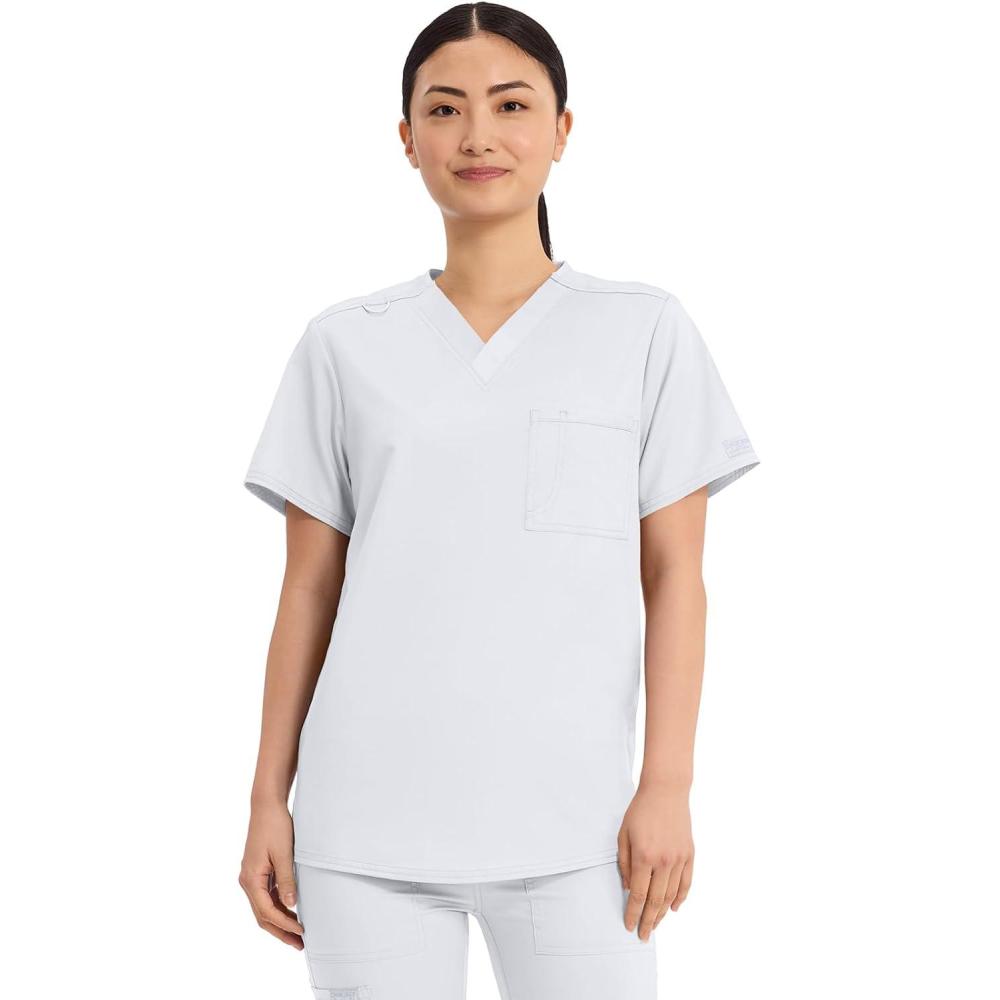 imageCherokee Scrub Top for Women amp Men VNeck Tuckable Medical Shirt with 1 Chest Pocket amp ID Loop WW625White