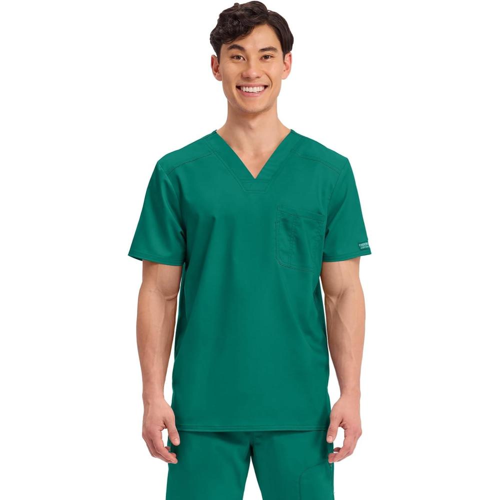 imageCherokee Scrub for Mens Tuckable VNeck Top with 1 Chest Pocket Pen Slot Ultra Soft Durable 2Way Stretch Fabric WW690Hunter Green