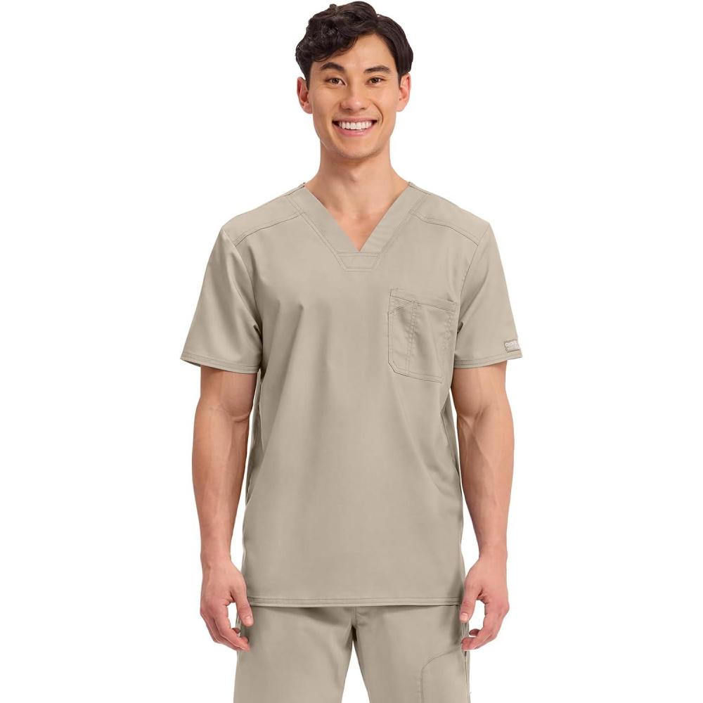imageCherokee Scrub for Mens Tuckable VNeck Top with 1 Chest Pocket Pen Slot Ultra Soft Durable 2Way Stretch Fabric WW690Khaki