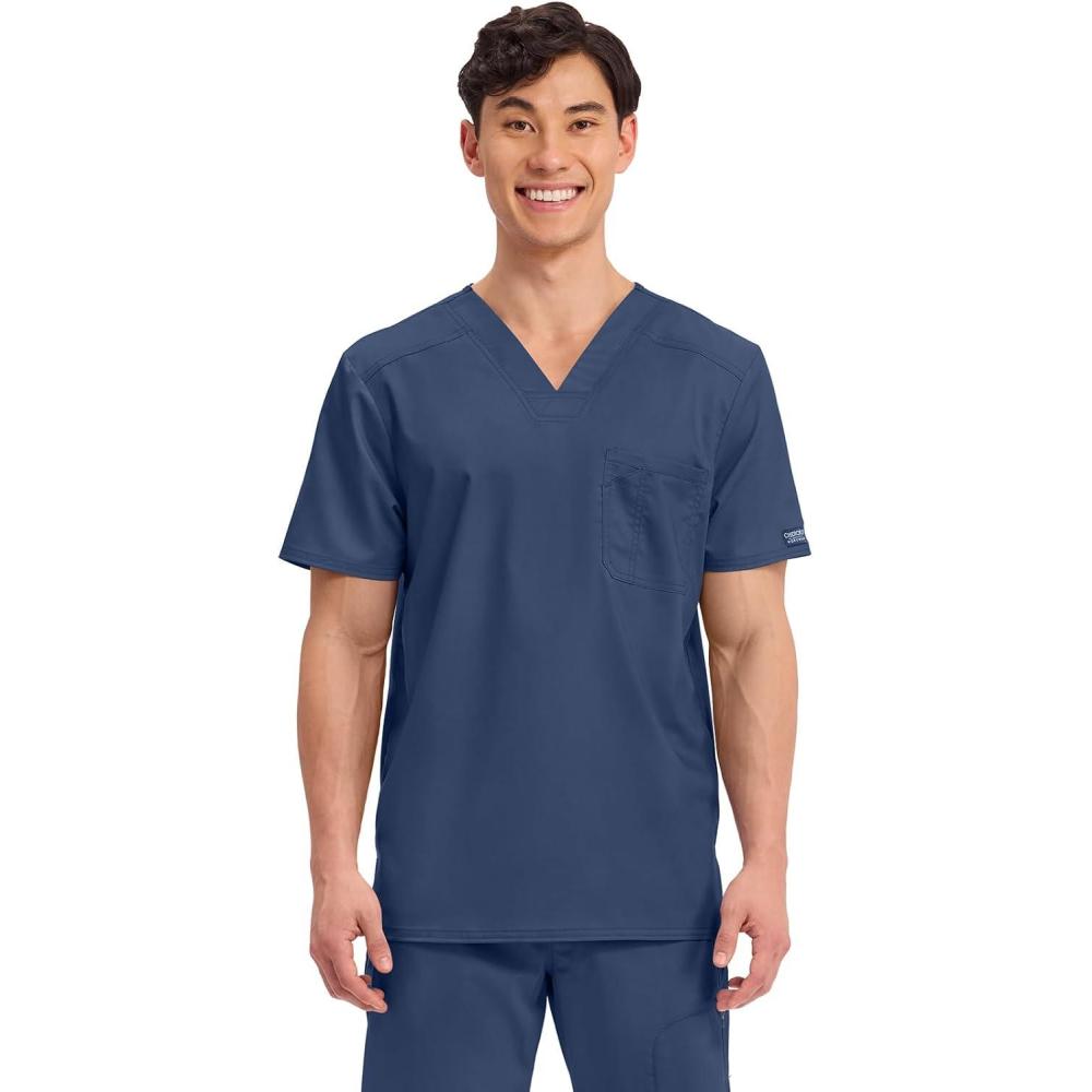 imageCherokee Scrub for Mens Tuckable VNeck Top with 1 Chest Pocket Pen Slot Ultra Soft Durable 2Way Stretch Fabric WW690Navy