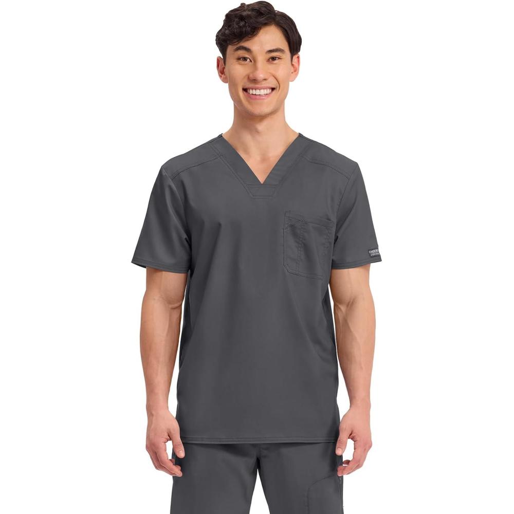 imageCherokee Scrub for Mens Tuckable VNeck Top with 1 Chest Pocket Pen Slot Ultra Soft Durable 2Way Stretch Fabric WW690Pewter