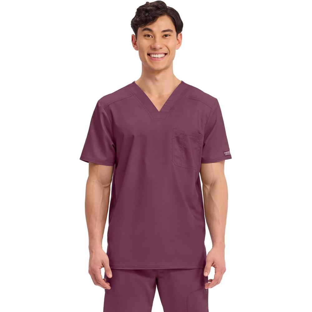 imageCherokee Scrub for Mens Tuckable VNeck Top with 1 Chest Pocket Pen Slot Ultra Soft Durable 2Way Stretch Fabric WW690Wine