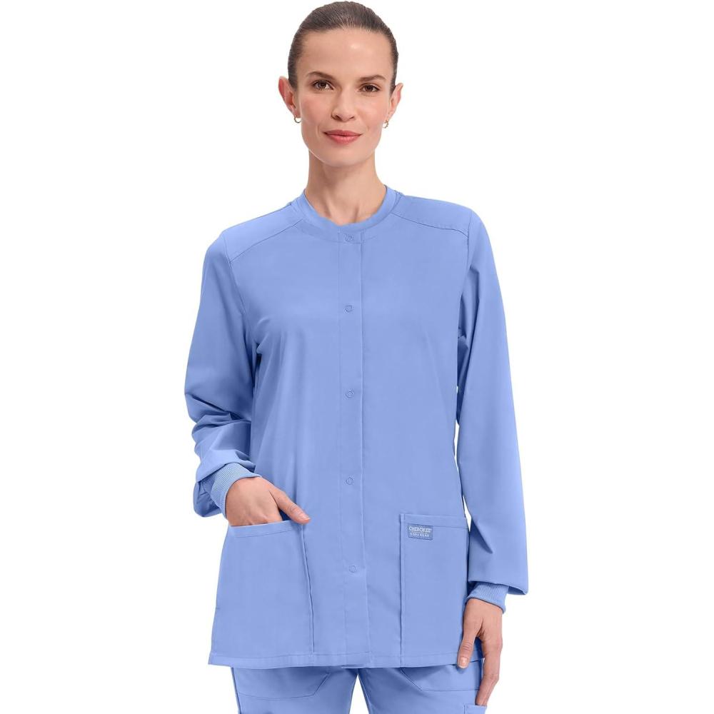 imageCherokee Scrub for Women Snap Front Jacket with 3 Pockets Fade Resistant 2Way Stretch Soft amp Durable Fabric  WW340Ciel