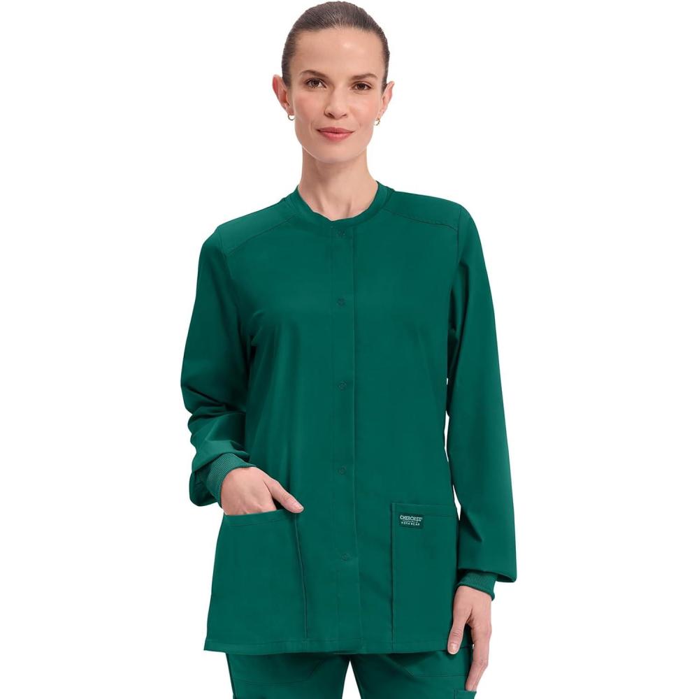 imageCherokee Scrub for Women Snap Front Jacket with 3 Pockets Fade Resistant 2Way Stretch Soft amp Durable Fabric WW340Hunter Green