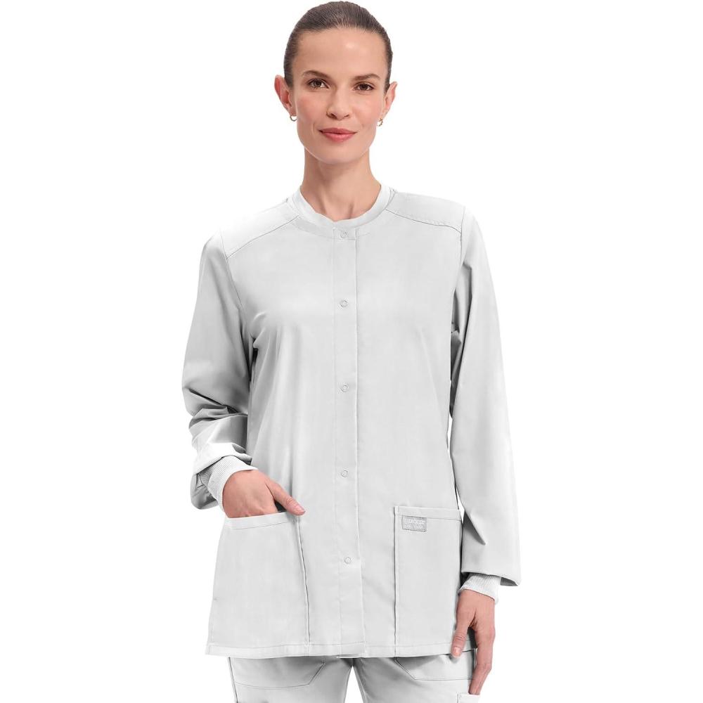 imageCherokee Scrub for Women Snap Front Jacket with 3 Pockets Fade Resistant 2Way Stretch Soft amp Durable Fabric WW340White