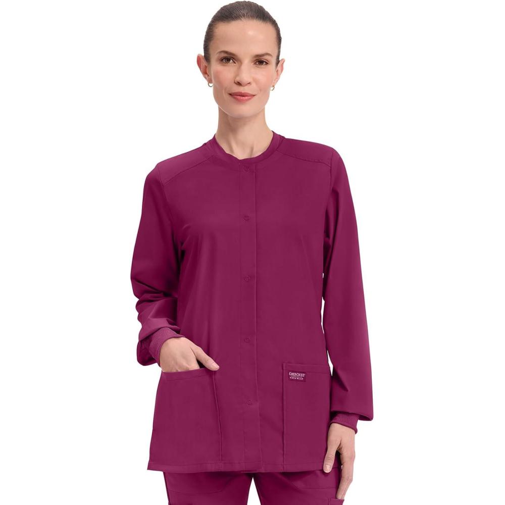 imageCherokee Scrub for Women Snap Front Jacket with 3 Pockets Fade Resistant 2Way Stretch Soft amp Durable Fabric WW340Wine