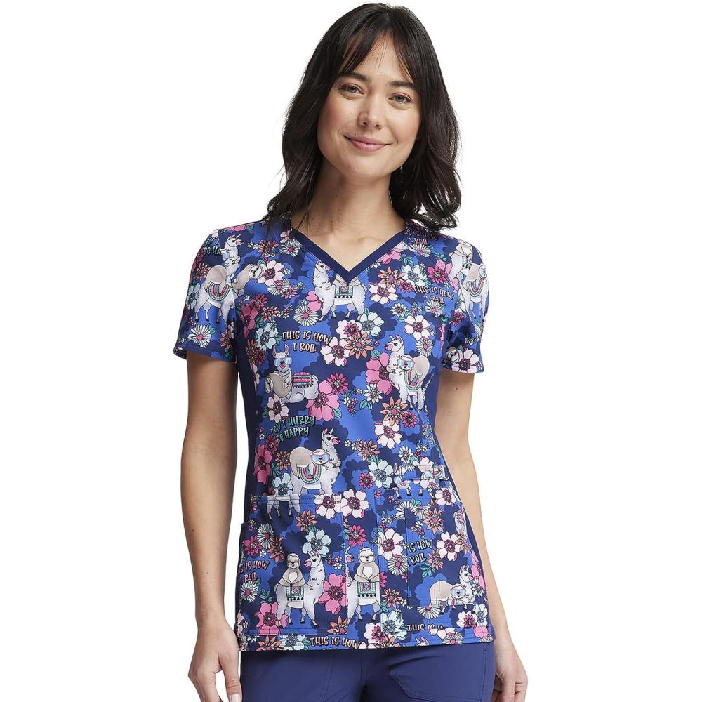 imageCherokee Scrub for Women VNeck Top Traditional fit with Dolman Sleeve and Fade Resistant Fabric CK636 XXS Happy Pals