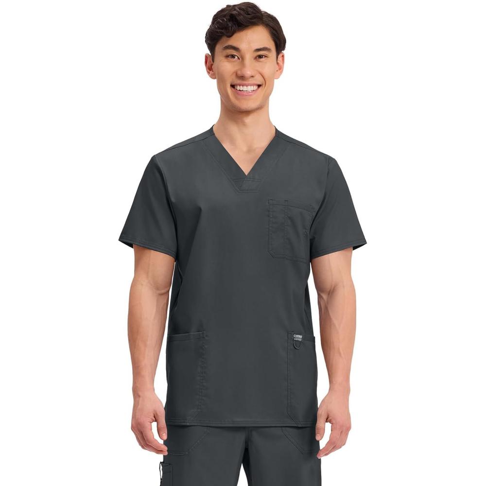 imageCherokee Scrub top for Men VNeck with 3 Pockets Knit Details Soft Durable Breathable 2Way Stretch Fabric WW670Black