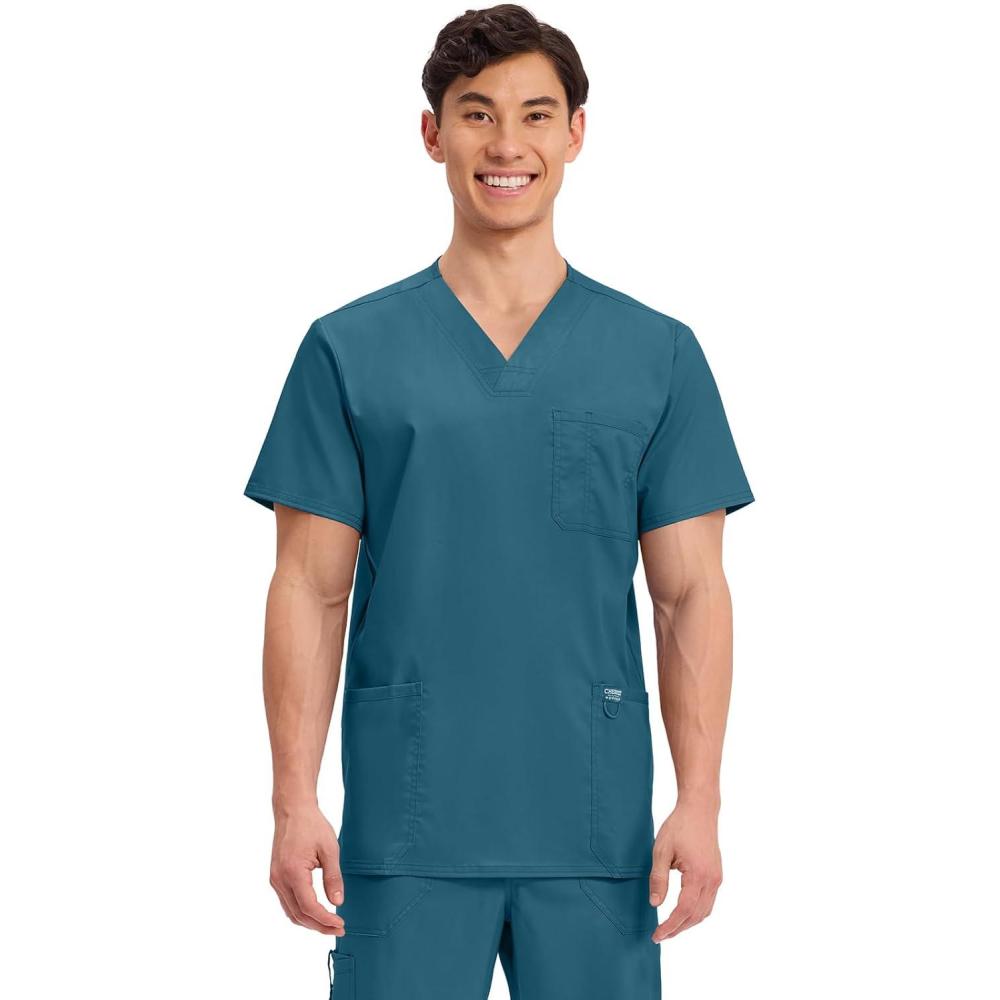 imageCherokee Scrub top for Men VNeck with 3 Pockets Knit Details Soft Durable Breathable 2Way Stretch Fabric WW670Caribbean Blue