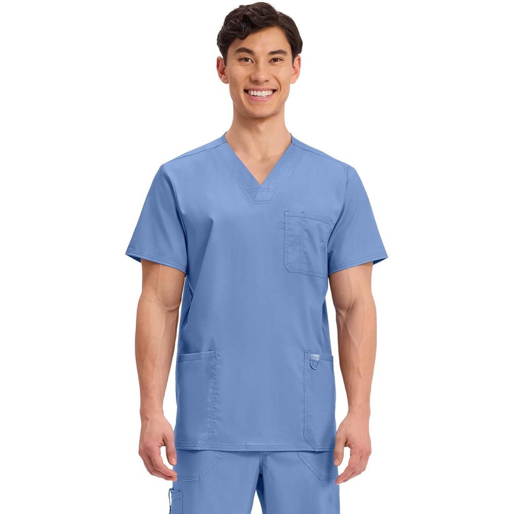imageCherokee Scrub top for Men VNeck with 3 Pockets Knit Details Soft Durable Breathable 2Way Stretch Fabric WW670Ciel