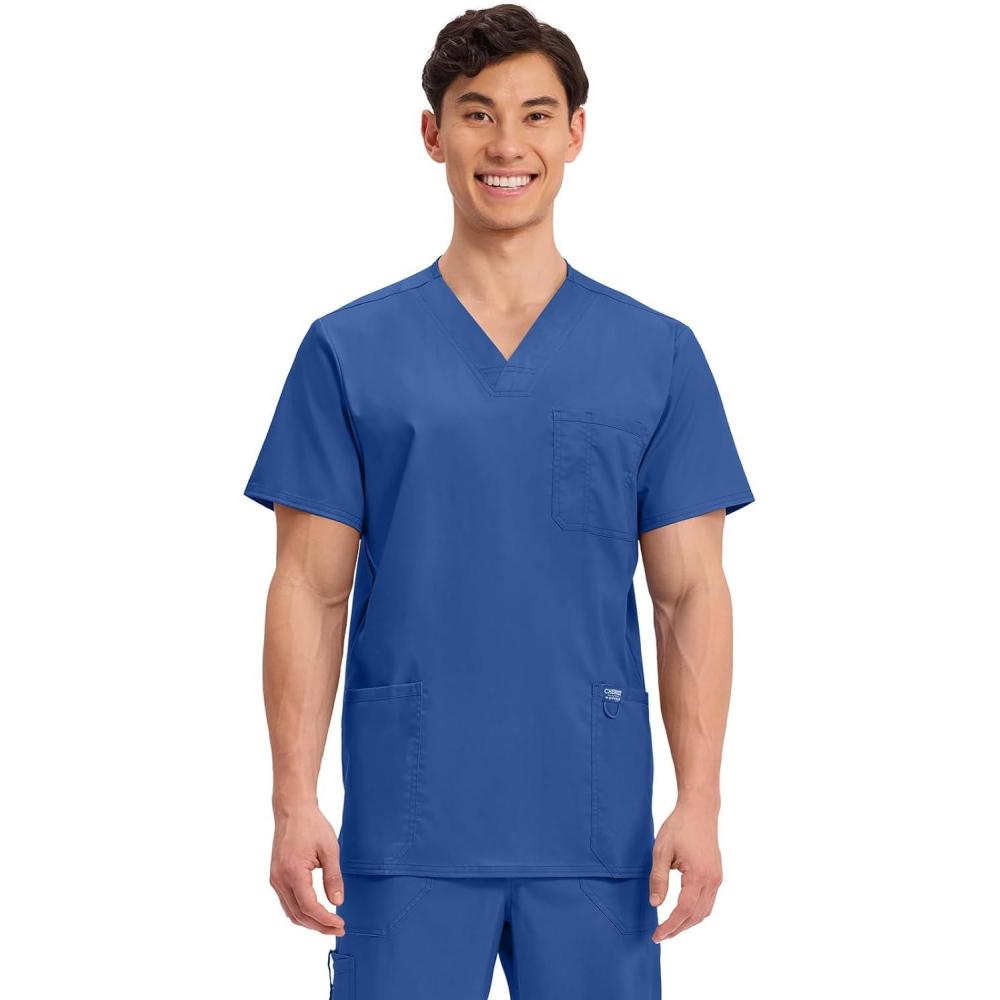 imageCherokee Scrub top for Men VNeck with 3 Pockets Knit Details Soft Durable Breathable 2Way Stretch Fabric WW670Galaxy Blue