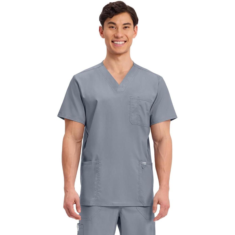 imageCherokee Scrub top for Men VNeck with 3 Pockets Knit Details Soft Durable Breathable 2Way Stretch Fabric WW670Grey