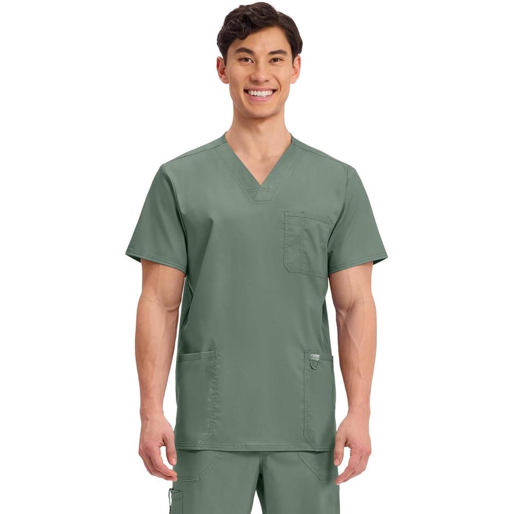 imageCherokee Scrub top for Men VNeck with 3 Pockets Knit Details Soft Durable Breathable 2Way Stretch Fabric WW670Olive