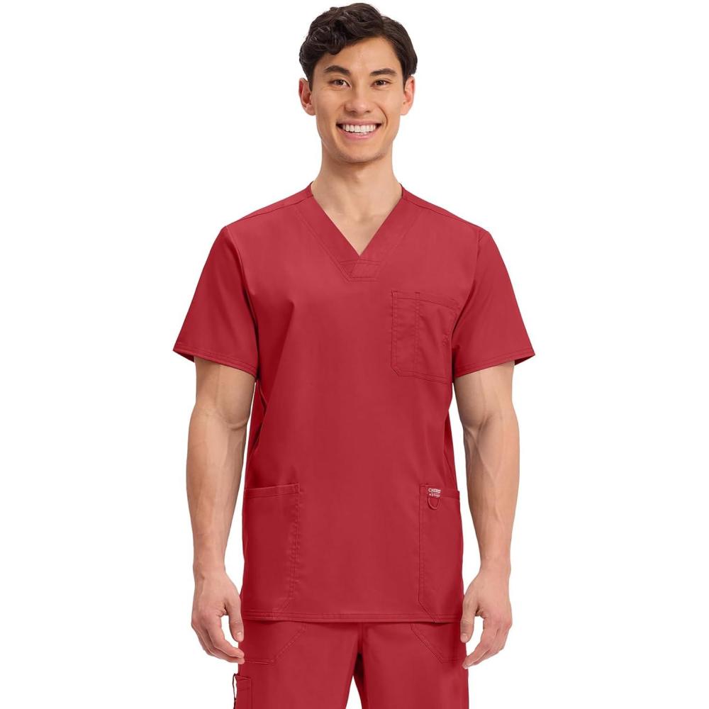 imageCherokee Scrub top for Men VNeck with 3 Pockets Knit Details Soft Durable Breathable 2Way Stretch Fabric WW670Red