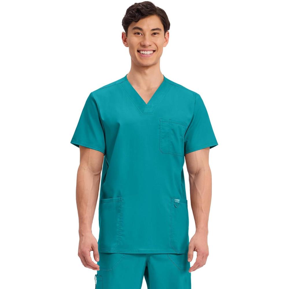 imageCherokee Scrub top for Men VNeck with 3 Pockets Knit Details Soft Durable Breathable 2Way Stretch Fabric WW670Teal Blue