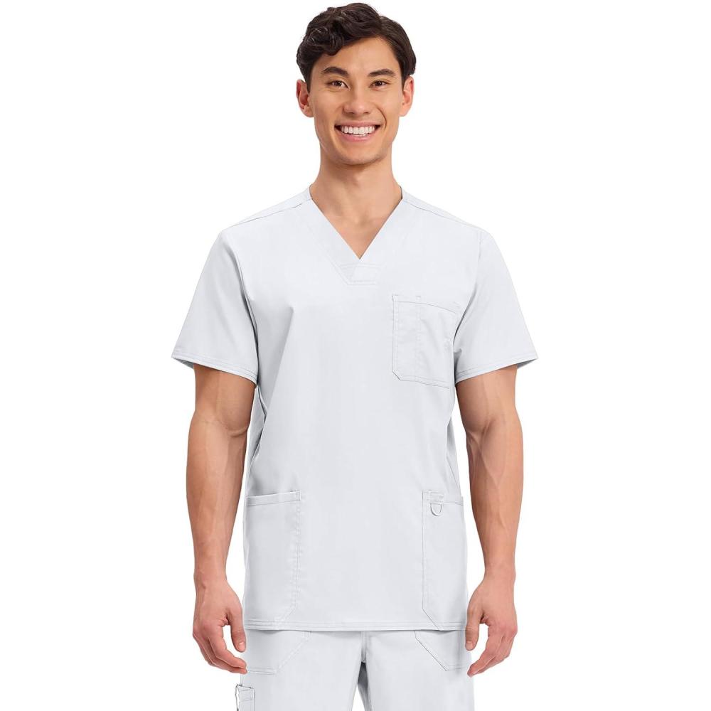 imageCherokee Scrub top for Men VNeck with 3 Pockets Knit Details Soft Durable Breathable 2Way Stretch Fabric WW670White