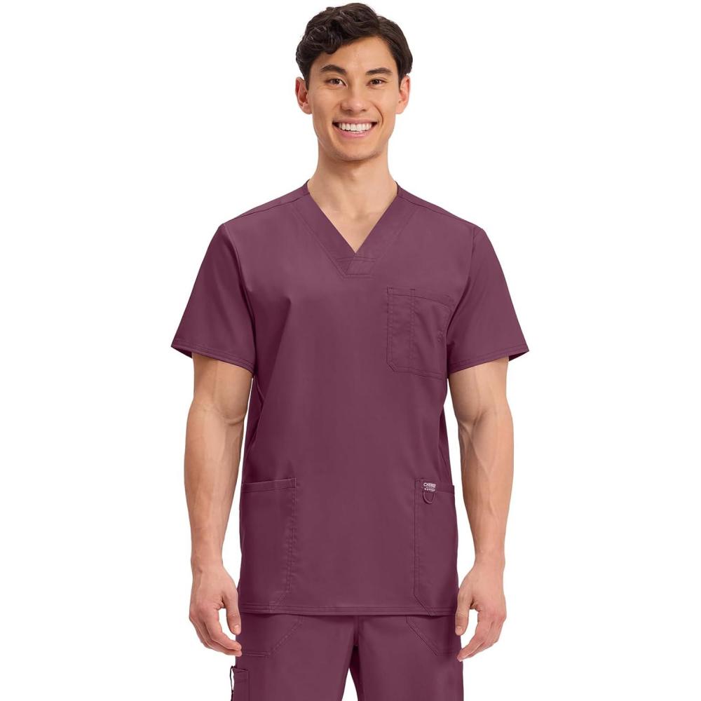 imageCherokee Scrub top for Men VNeck with 3 Pockets Knit Details Soft Durable Breathable 2Way Stretch Fabric WW670Wine