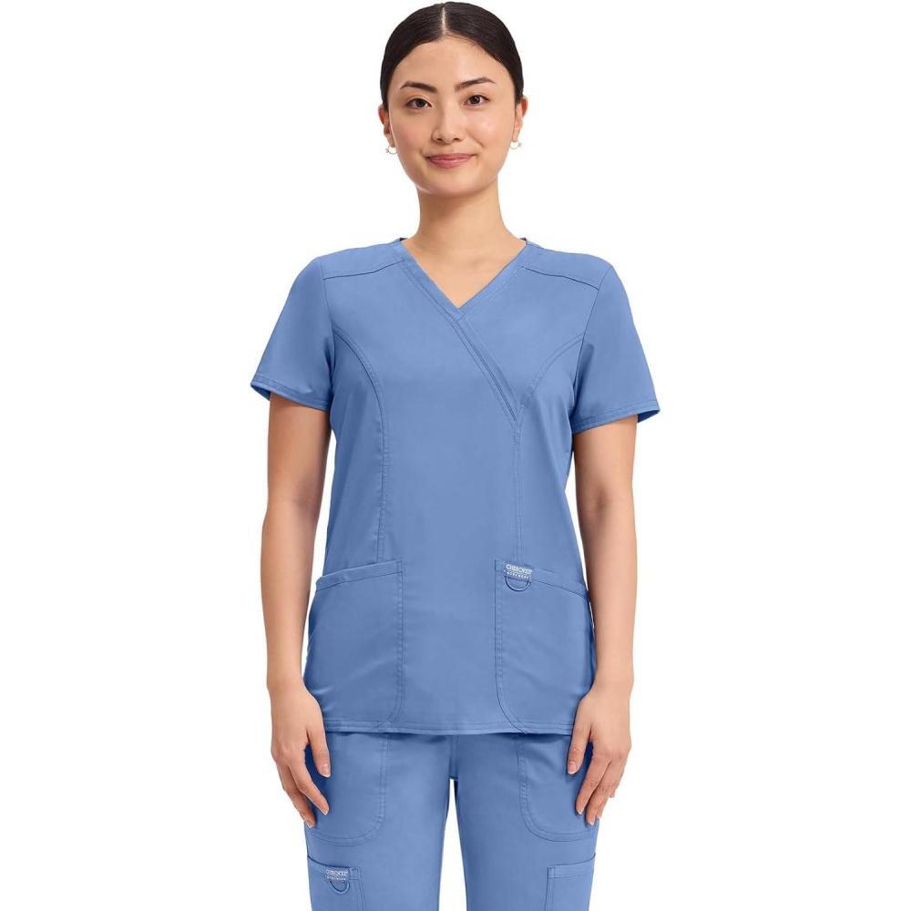 imageCherokee Scrubs Top for Women Mock Wrap with 3 Pockets Soft 2Way Stretch amp Durable Fabric WW610Ciel