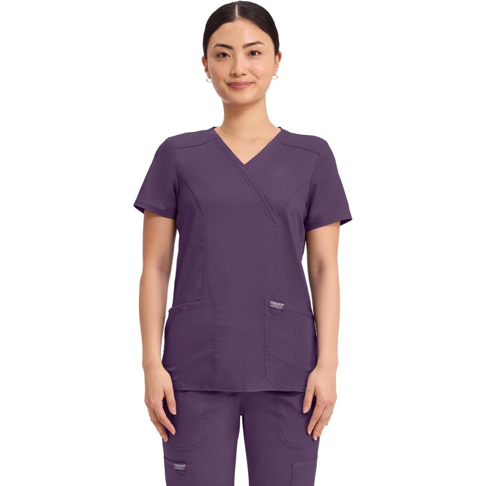 imageCherokee Scrubs Top for Women Mock Wrap with 3 Pockets Soft 2Way Stretch amp Durable Fabric WW610Eggplant