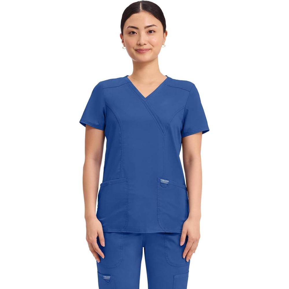 imageCherokee Scrubs Top for Women Mock Wrap with 3 Pockets Soft 2Way Stretch amp Durable Fabric WW610Galaxy Blue