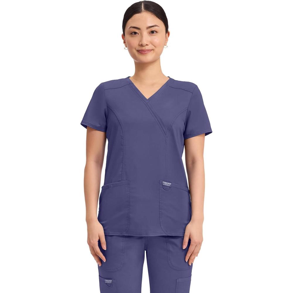 imageCherokee Scrubs Top for Women Mock Wrap with 3 Pockets Soft 2Way Stretch amp Durable Fabric WW610Grape