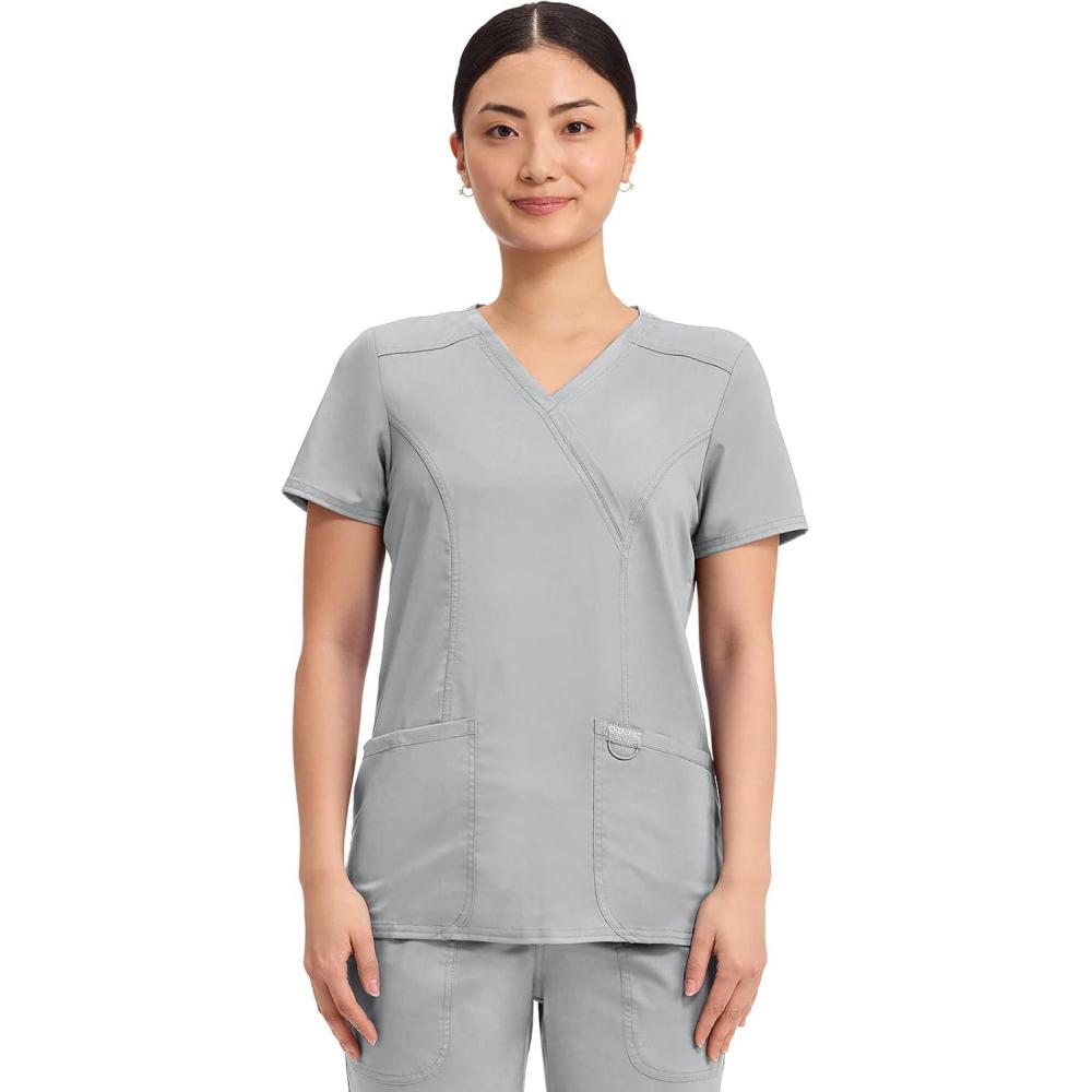 imageCherokee Scrubs Top for Women Mock Wrap with 3 Pockets Soft 2Way Stretch amp Durable Fabric WW610Grey