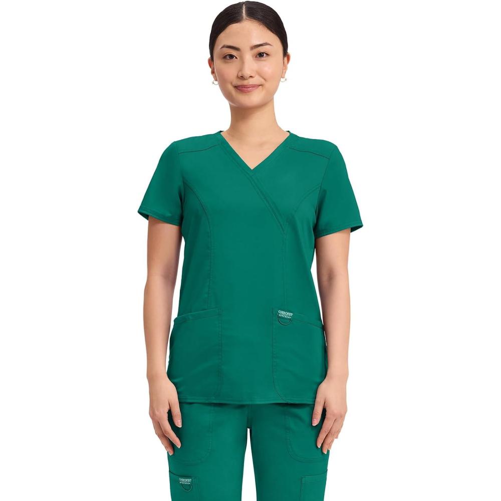 imageCherokee Scrubs Top for Women Mock Wrap with 3 Pockets Soft 2Way Stretch amp Durable Fabric WW610Hunter Green