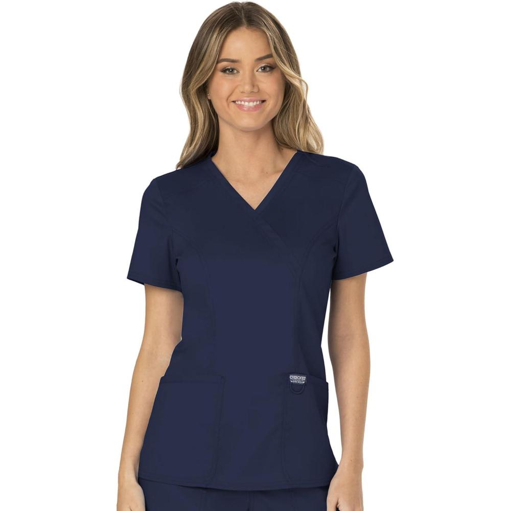 imageCherokee Scrubs Top for Women Mock Wrap with 3 Pockets Soft 2Way Stretch amp Durable Fabric WW610Navy