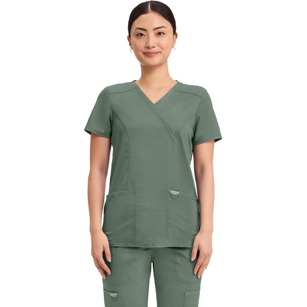 imageCherokee Scrubs Top for Women Mock Wrap with 3 Pockets Soft 2Way Stretch amp Durable Fabric WW610Olive