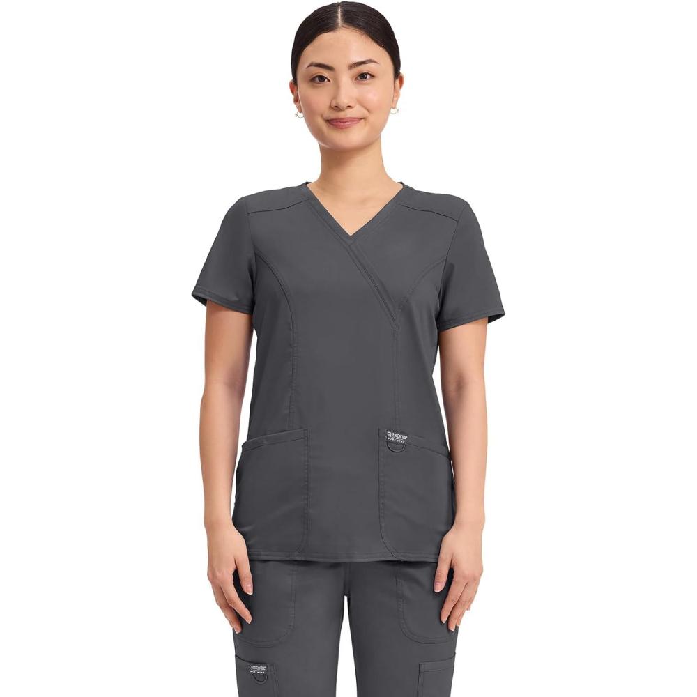 imageCherokee Scrubs Top for Women Mock Wrap with 3 Pockets Soft 2Way Stretch amp Durable Fabric WW610Pewter