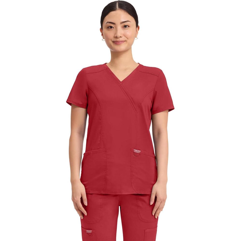 imageCherokee Scrubs Top for Women Mock Wrap with 3 Pockets Soft 2Way Stretch amp Durable Fabric WW610Red