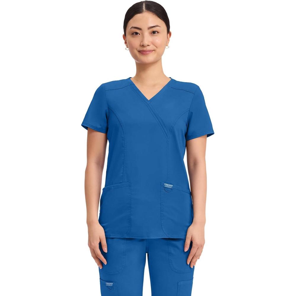 imageCherokee Scrubs Top for Women Mock Wrap with 3 Pockets Soft 2Way Stretch amp Durable Fabric WW610Royal