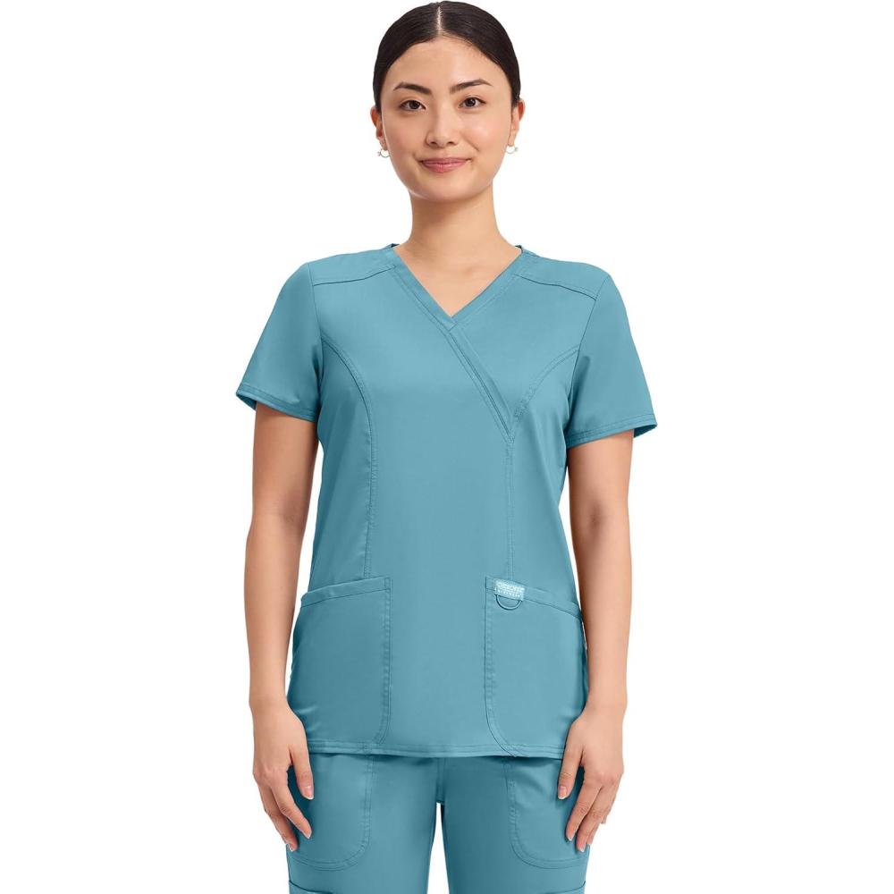 imageCherokee Scrubs Top for Women Mock Wrap with 3 Pockets Soft 2Way Stretch amp Durable Fabric WW610Soft Marine