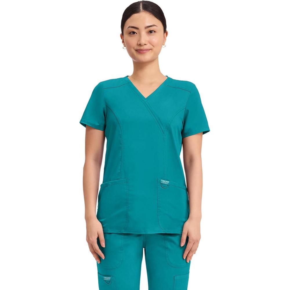 imageCherokee Scrubs Top for Women Mock Wrap with 3 Pockets Soft 2Way Stretch amp Durable Fabric WW610Teal Blue
