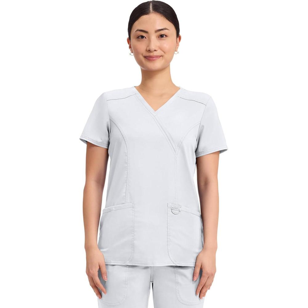 imageCherokee Scrubs Top for Women Mock Wrap with 3 Pockets Soft 2Way Stretch amp Durable Fabric WW610White