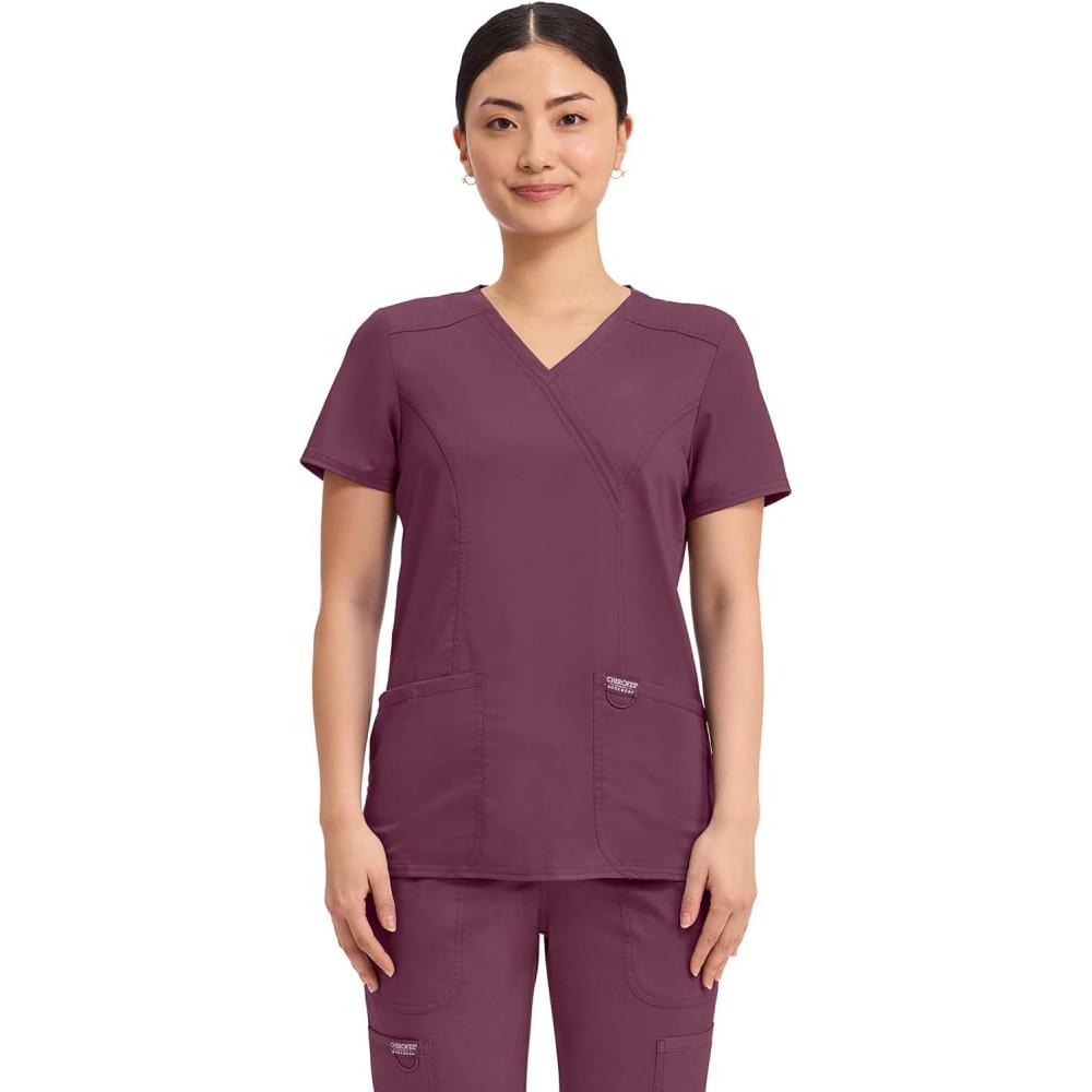 imageCherokee Scrubs Top for Women Mock Wrap with 3 Pockets Soft 2Way Stretch amp Durable Fabric WW610Wine