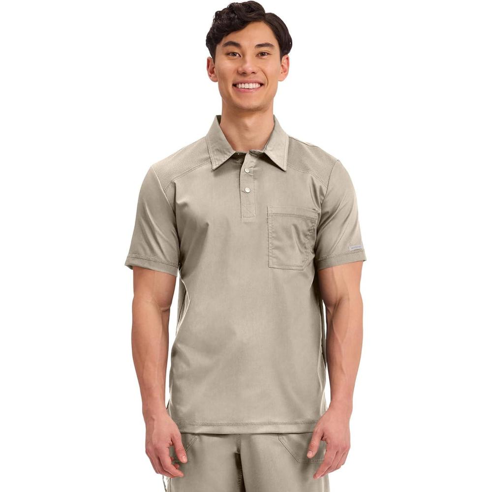 imageCherokee Scrubs for Men Polo Nursing Scrub Top with Chest Pocket Breathable Mesh Ultra Soft 2Way Stretch Fabric WW615Khaki