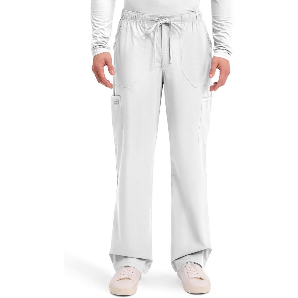 imageCherokee Scrubs for Men Tapered Leg Cargo Scrub Pants with Zip Fly 5 Pockets Elastic Waist 2Way Stretch amp Easy Care WW190White
