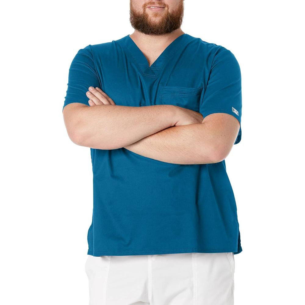 imageCherokee Scrubs for Men Tuckable VNeck Nursing Scrub Top with Chest Pocket Side Vents amp 2Way Stretch Fabric 4743Caribbean Blue