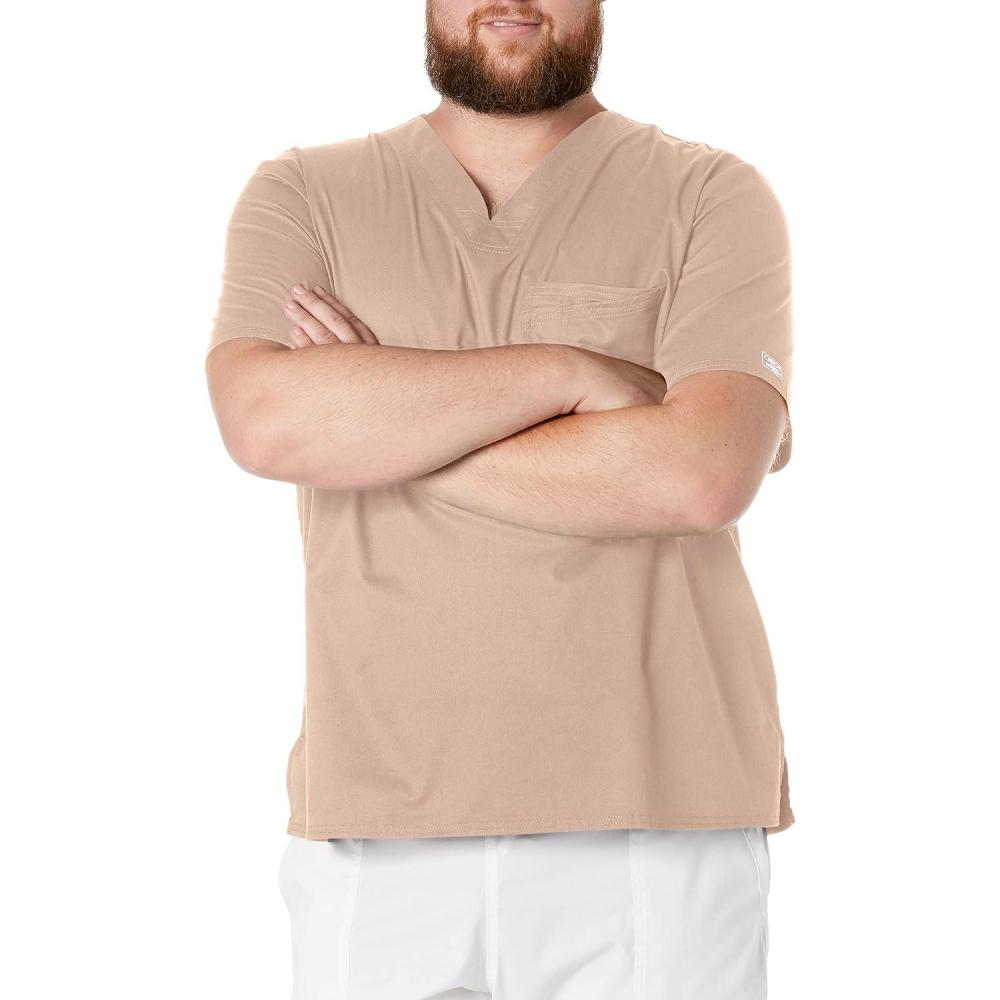imageCherokee Scrubs for Men Tuckable VNeck Nursing Scrub Top with Chest Pocket Side Vents amp 2Way Stretch Fabric 4743Khaki