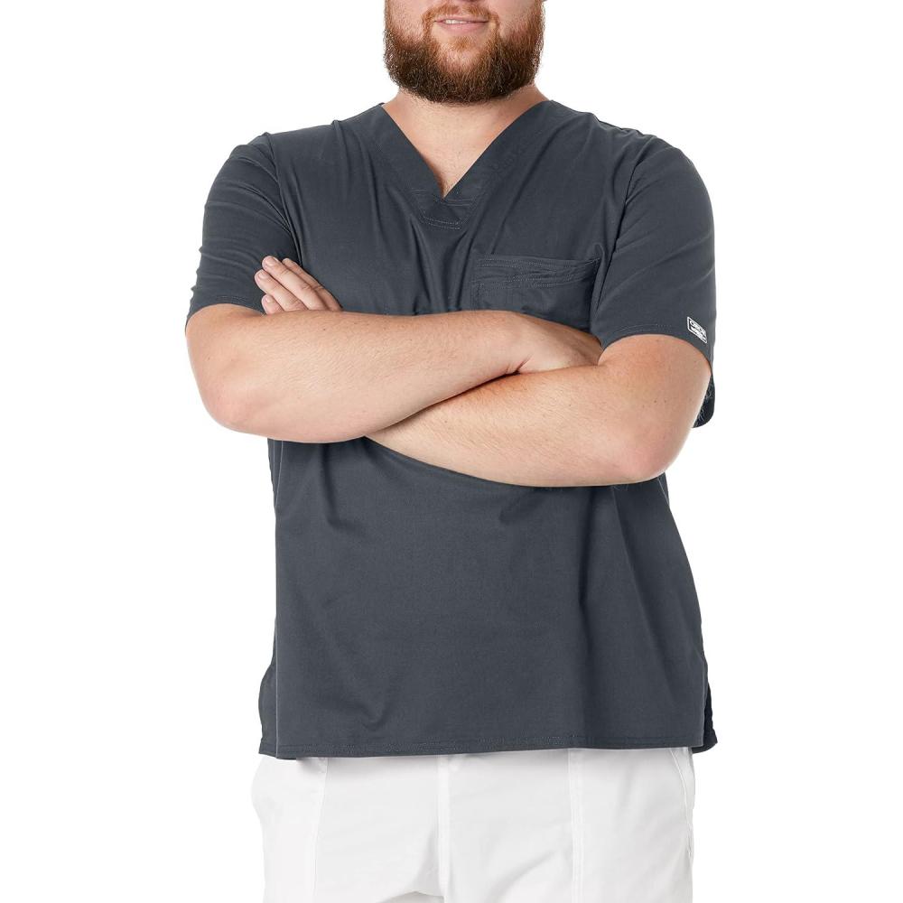 imageCherokee Scrubs for Men Tuckable VNeck Nursing Scrub Top with Chest Pocket Side Vents amp 2Way Stretch Fabric 4743Pewter