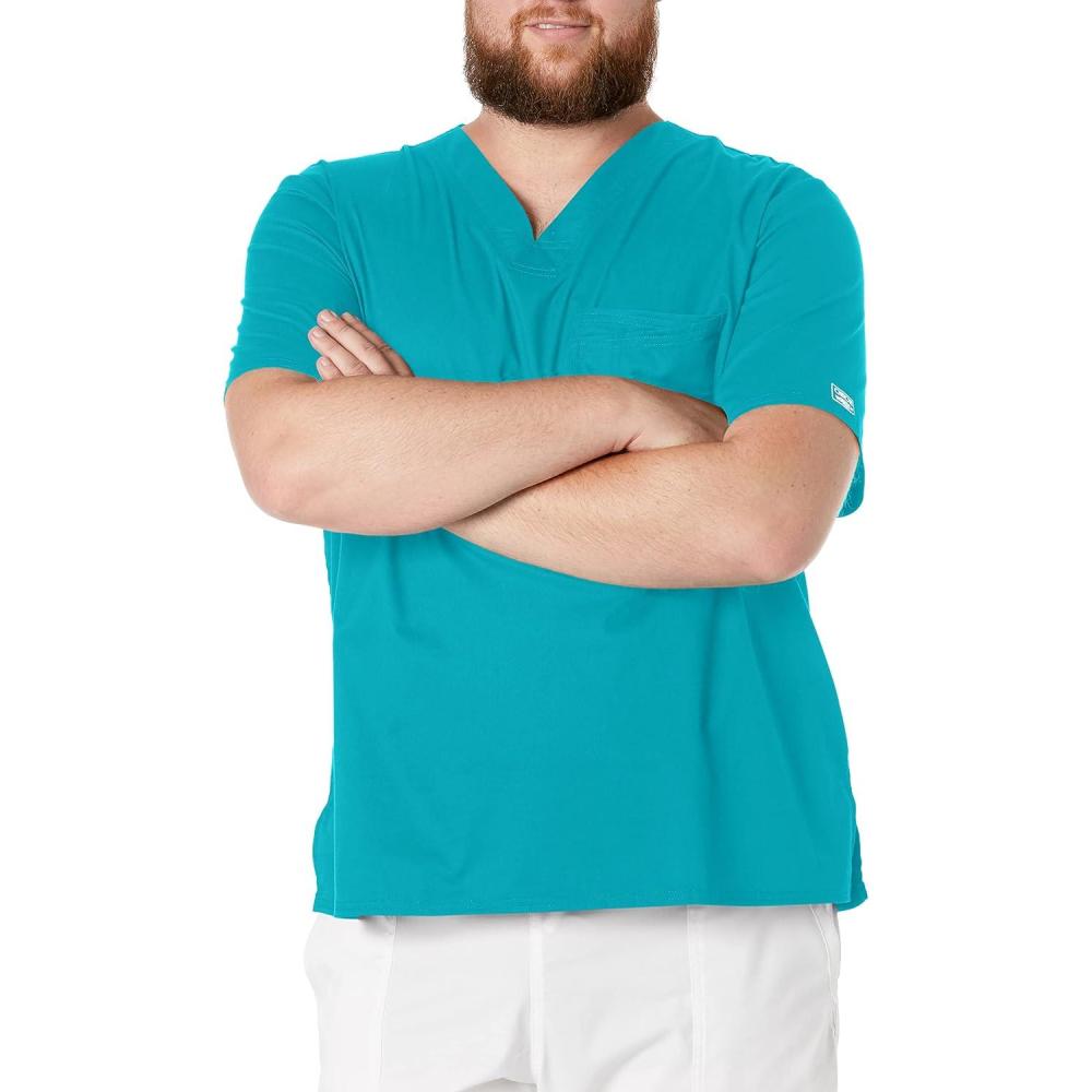 imageCherokee Scrubs for Men Tuckable VNeck Nursing Scrub Top with Chest Pocket Side Vents amp 2Way Stretch Fabric 4743Teal Blue