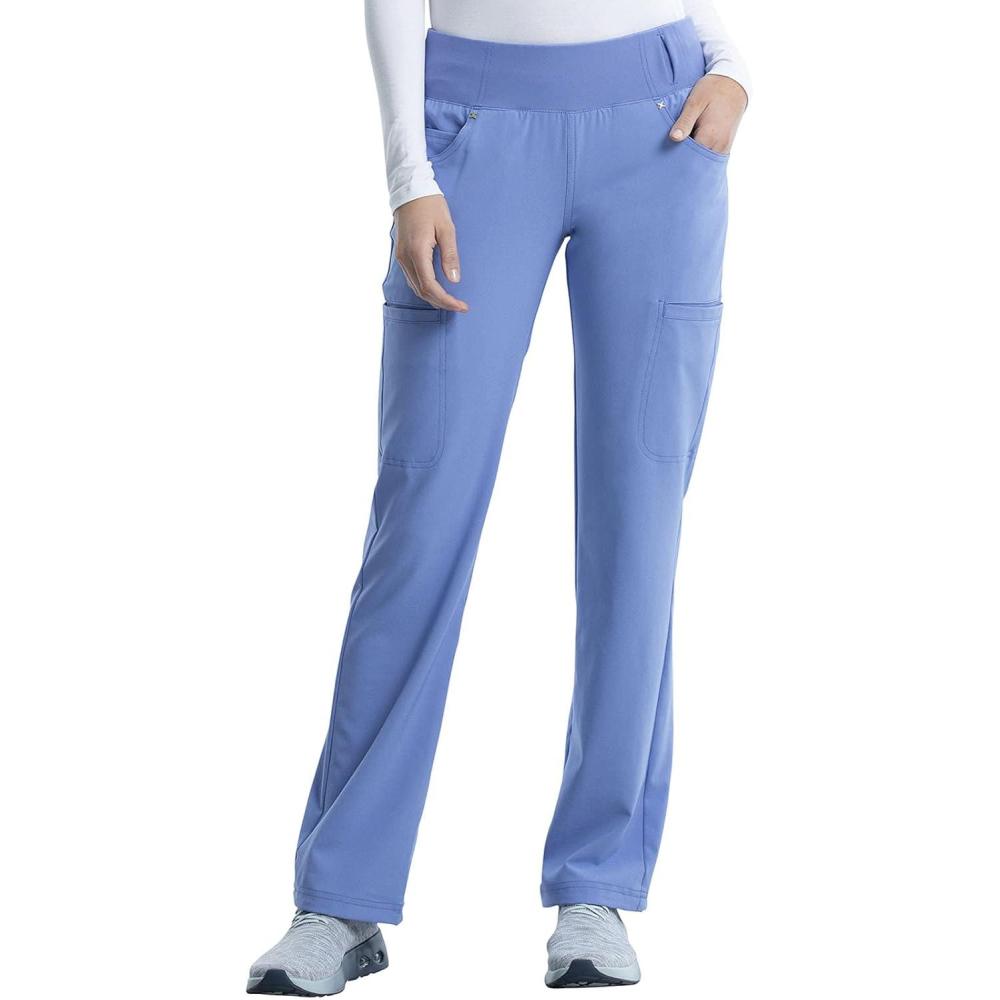 imageCherokee Scrubs for Women Mid Rise Straight Leg Scrub Pants For Women Pullon Bottoms with 6 Pockets amp 360 Stretch CK002Ciel Blue